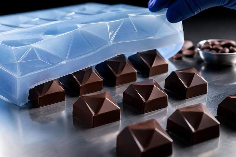 Chocolate pieces releasing from silicone mold