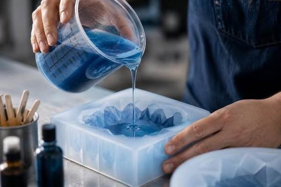 Blue resin being poured into silicone mold